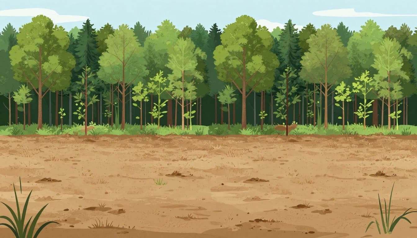 Modern illustration in earth tones showing a side-by-side split: barren open field with dry soil and weeds transitioning into a young forest with saplings.
