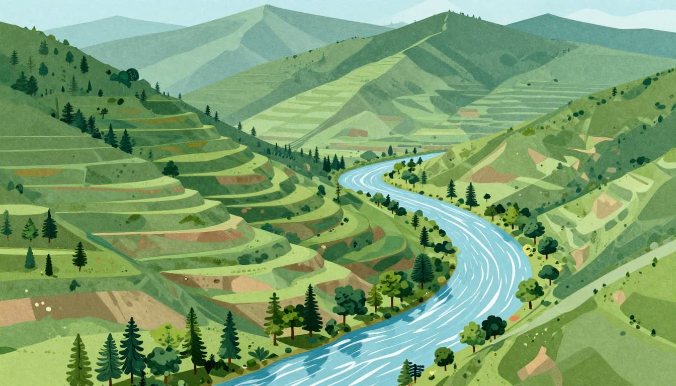 Illustration of terraced mountainside with new forests along riverbanks and wetlands, water flowing naturally supporting trees in a restored green landscape in rugged terrain.
