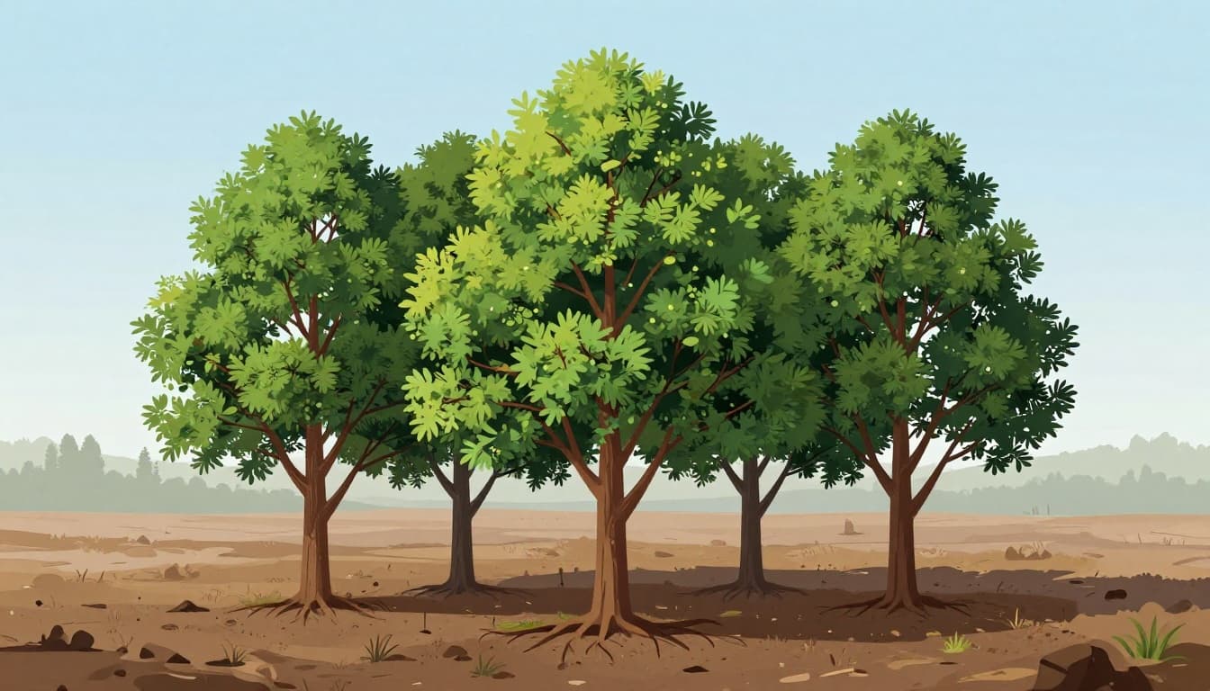 Cluster of three young native trees on barren land transforming into a forest, absorbing CO2 via photosynthesis in leaves and storing carbon in roots and soil, with fading pollution haze in the sky.