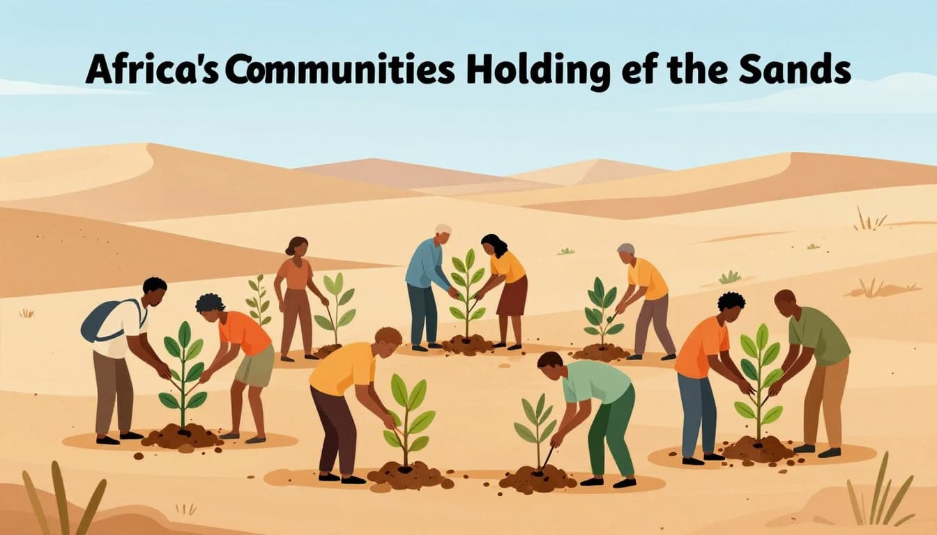 Modern illustration of five diverse people of various ages working together planting trees in African dryland for the Great Green Wall, forming a green belt against desert sands with clean shapes, warm earth tones, and sunny lighting.