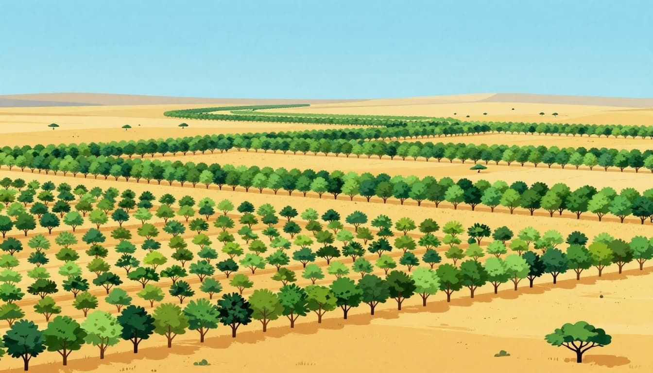 Modern illustration of a vast semi-arid African savanna with rows of young trees forming a massive green wall across the landscape, emphasizing the scale of the project.