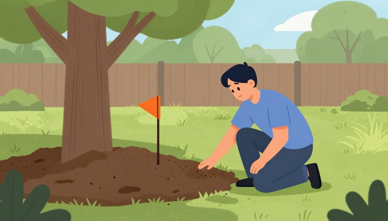 Person kneeling in suburban backyard testing soil texture by hand near orange utility marker flag on gentle slope with shade tree in sunny afternoon light, medium shot modern illustration.