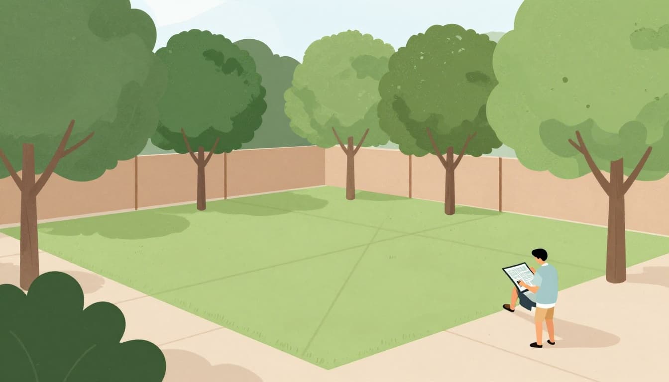Modern illustration of a backyard with native trees planted near property lines, subtle zoning setback lines, and one person relaxedly checking a city map on their phone. Clean shapes in green and earth tones from a yard view, emphasizing compliant private property planting.