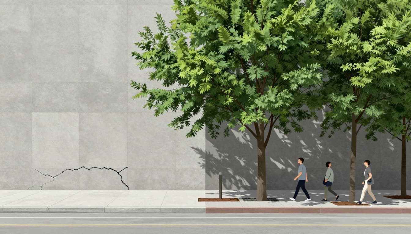 Modern landscape illustration depicting a before-and-after urban street median: left side shows bare cracked concrete, right side lush young trees shading happy walkers. Clean shapes with a palette shifting from grays to vibrant greens, strong split composition, no text or logos.