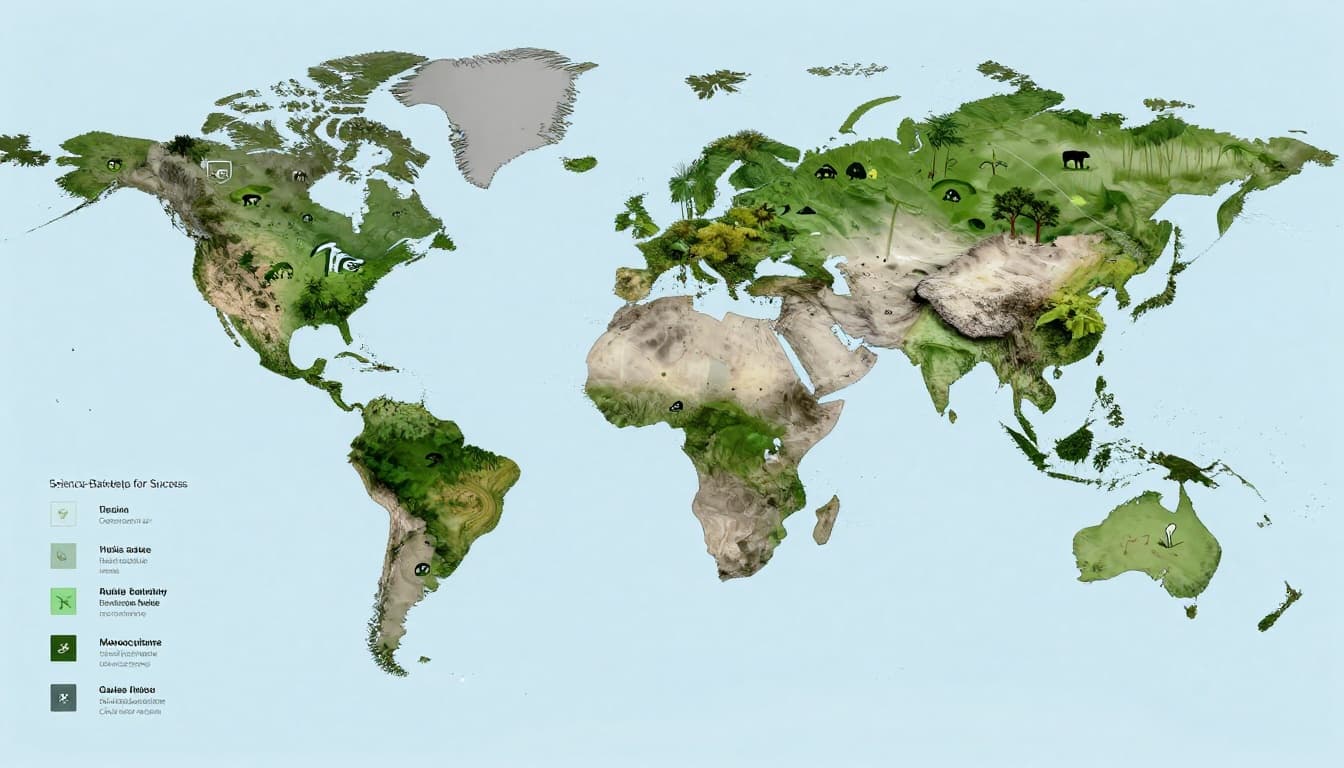 Modern illustrative global map highlighting tropical zones for tree planting with icons of thriving birds and mammals, contrasting diverse native species mixes against monocultures. Infographic-style composition in blues, greens, and grays with strong overhead view focusing on biodiversity best practices.