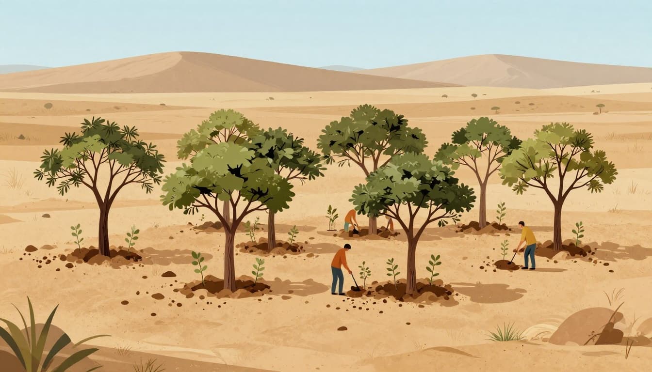 Illustration of two community members planting native tree seedlings on sandy soil with amendments in a semi-arid savanna, featuring tough trees growing amid gentle slopes, in modern style with earthy colors and low-angle composition.
