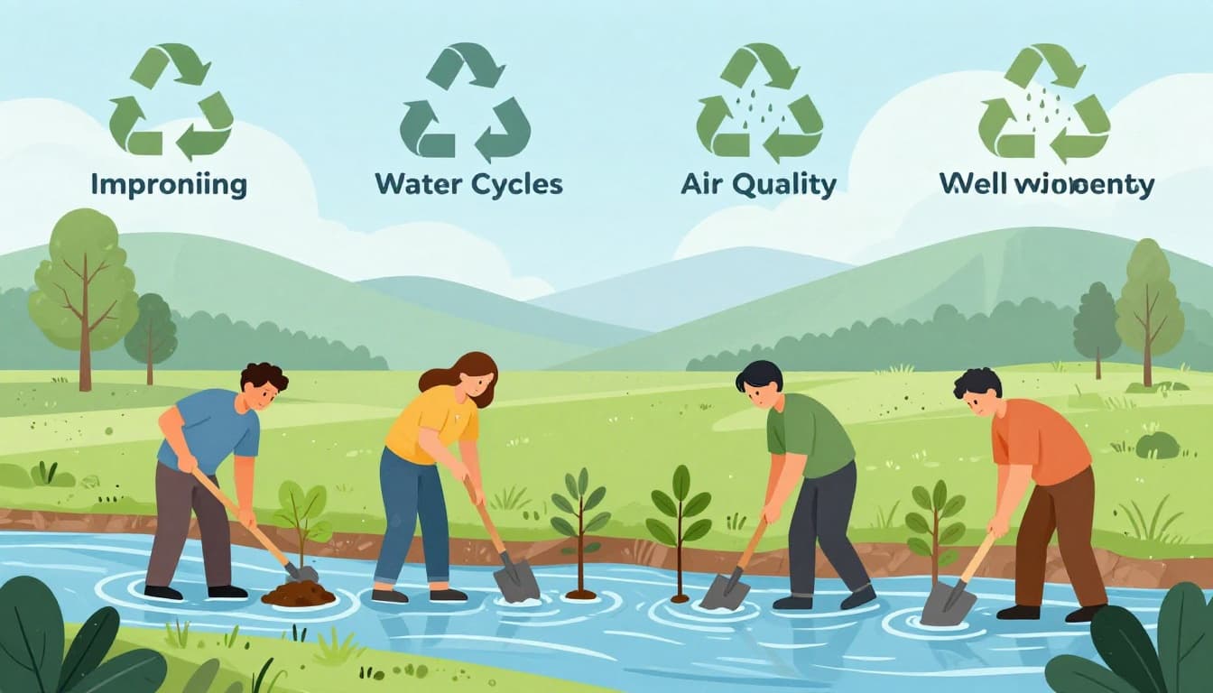 Community group planting trees near a river, with water cycle elements showing rain filtering through leaves to recharge the aquifer below. Modern illustration style featuring clean shapes, controlled blues, greens, earth tones, strong composition, and landscape aspect ratio.