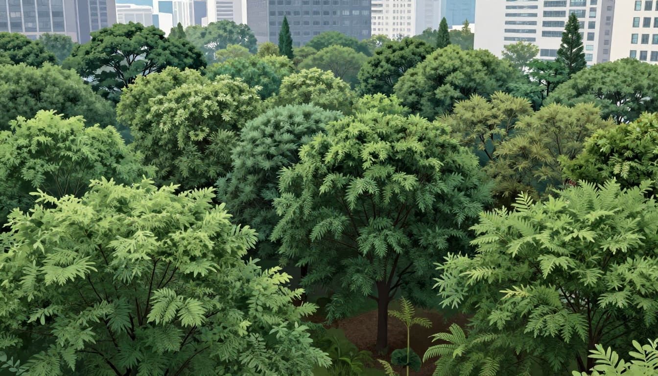 Modern illustration of a dense Miyawaki forest thriving on the edge of a city, with fast-growing native trees shading a park near buildings in a green-blue palette.