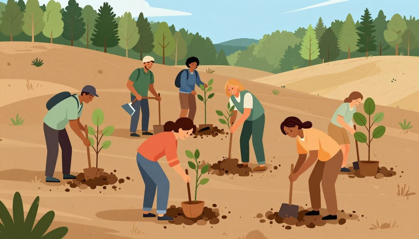 Diverse community members including men, women, and children plant young trees together on hilly terrain near a village, smiling with tools in hand, against a growing forest edge in modern illustration style.