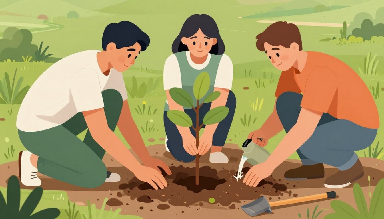 Modern illustration of exactly three diverse people planting tree saplings in prepared soil on open land: one digging a hole, one holding a sapling, one watering, on a sunny day with tools nearby, using earth tones and greens.