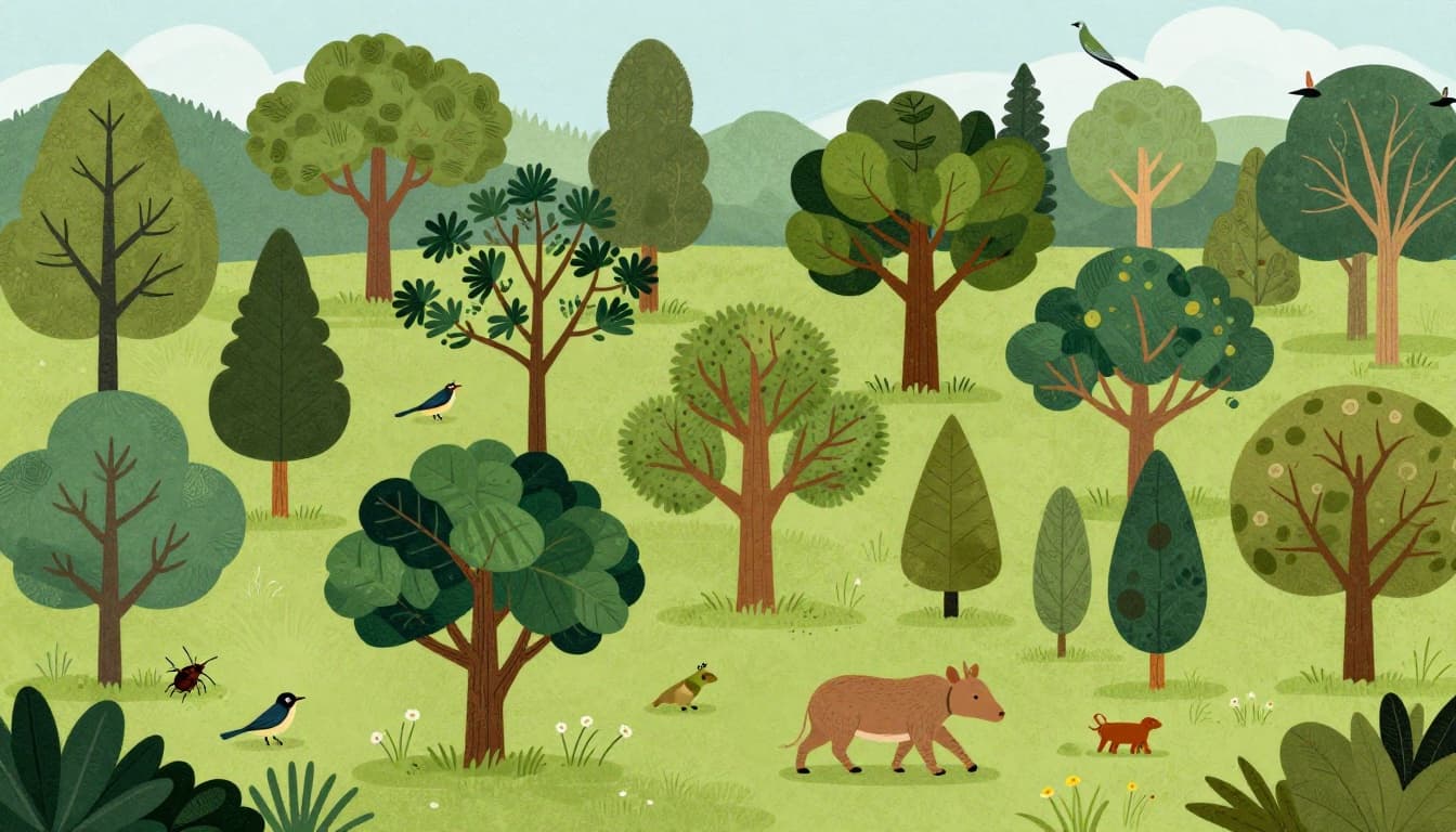 Modern illustration of a diverse native forest ecosystem with various tree species, birds, insects, and small mammals interacting naturally under the canopy in rich greens and wildlife accents. This scene highlights the benefits of diverse afforestation for supporting biodiversity.