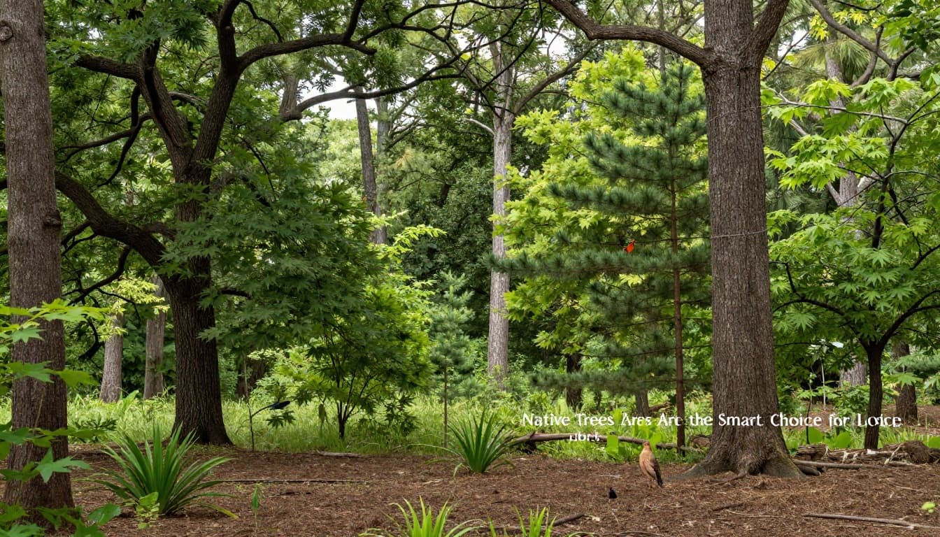 Realistic landscape photograph of diverse native US trees like oak, maple, and pine in a restored natural ecosystem with soil, undergrowth, birds on branches, butterflies, and sunny natural light.