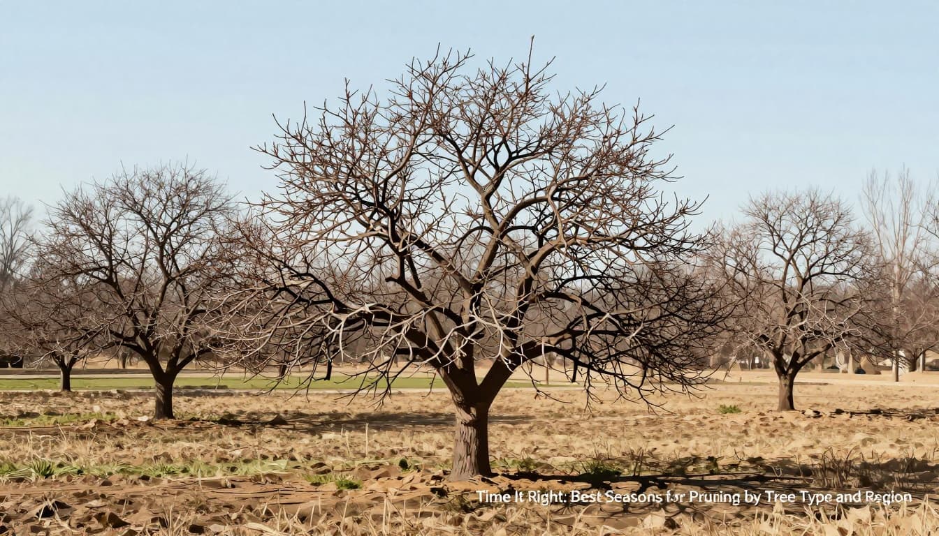 Modern illustration of a bare deciduous fruit tree like an apple in late winter dormant state in a backyard with light frost on the ground, wide yard view showing natural shape ideal for pruning.