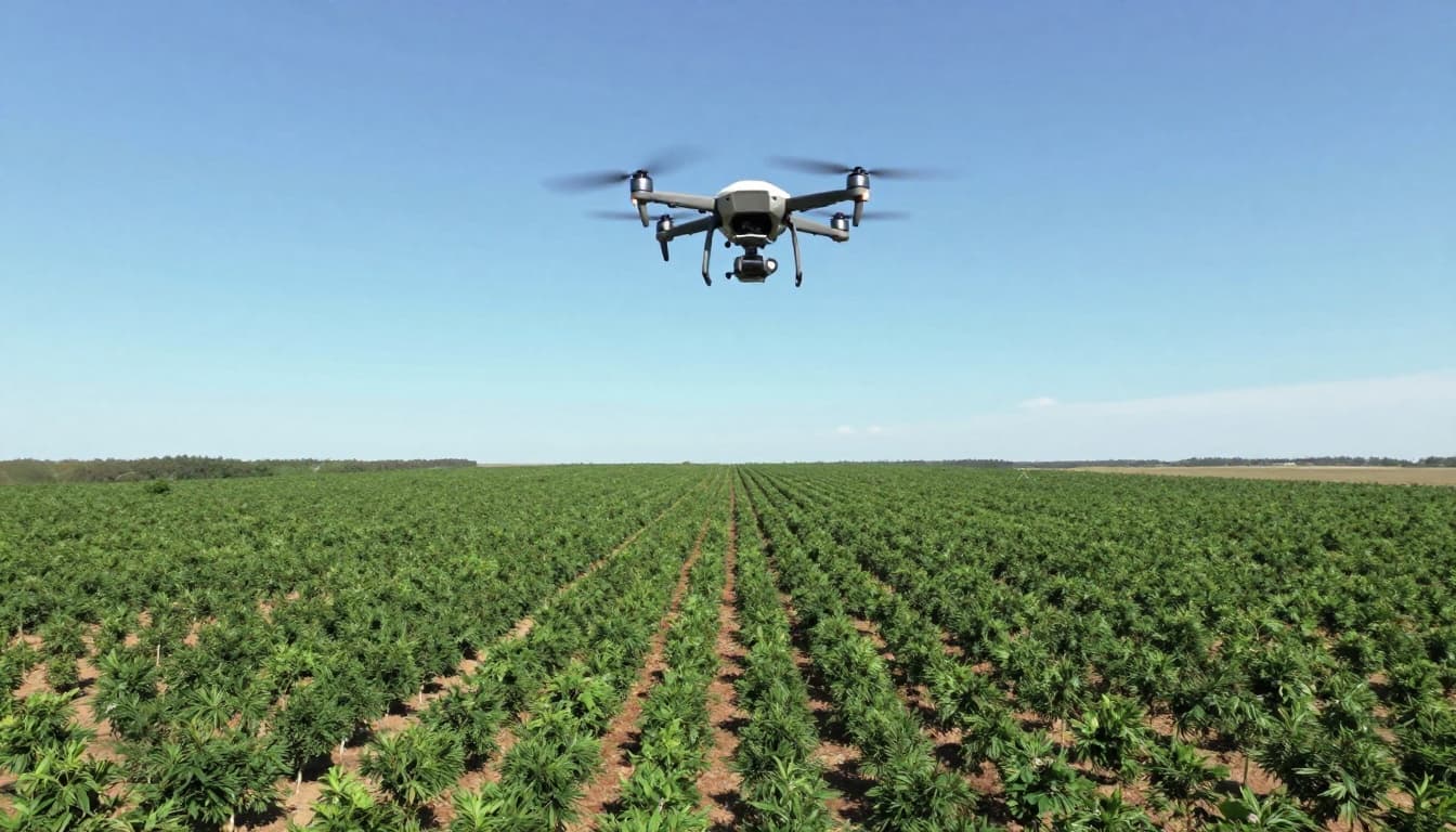 Drone flying over a young forest plantation to monitor growth, featuring an aerial view of tree rows with subtle satellite imagery overlay, open sky, and terrain in a modern illustration style.