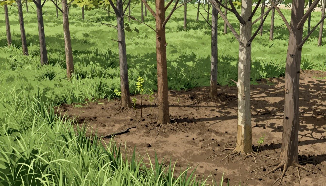 Withered non-native tree saplings dying in muddy flood-prone soil under harsh sun, contrasted with sparse native grasses surviving nearby in a modern illustration style.