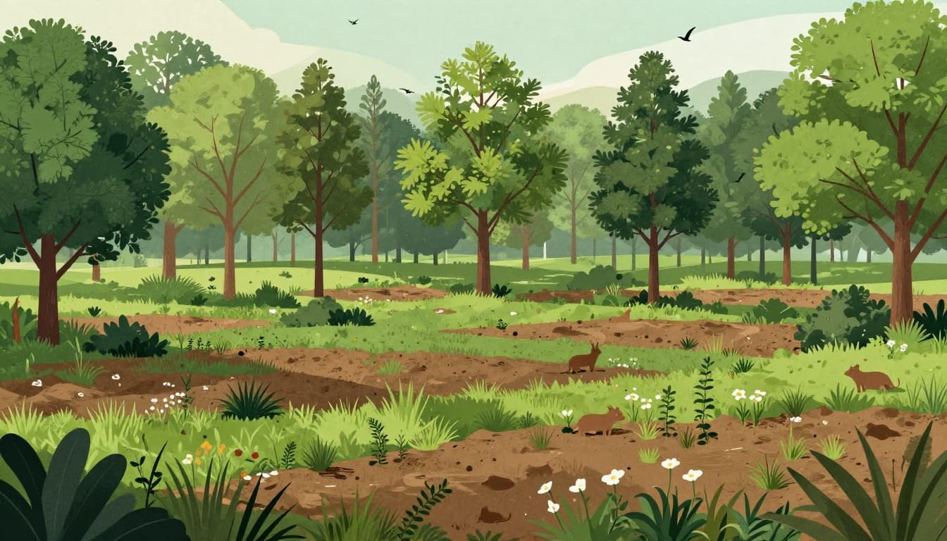 Modern panoramic illustration of diverse native trees, shrubs, wildflowers, birds, and small mammals establishing on previously barren degraded land, demonstrating early ecosystem recovery under soft morning light with vibrant greens, browns, and earth tones.