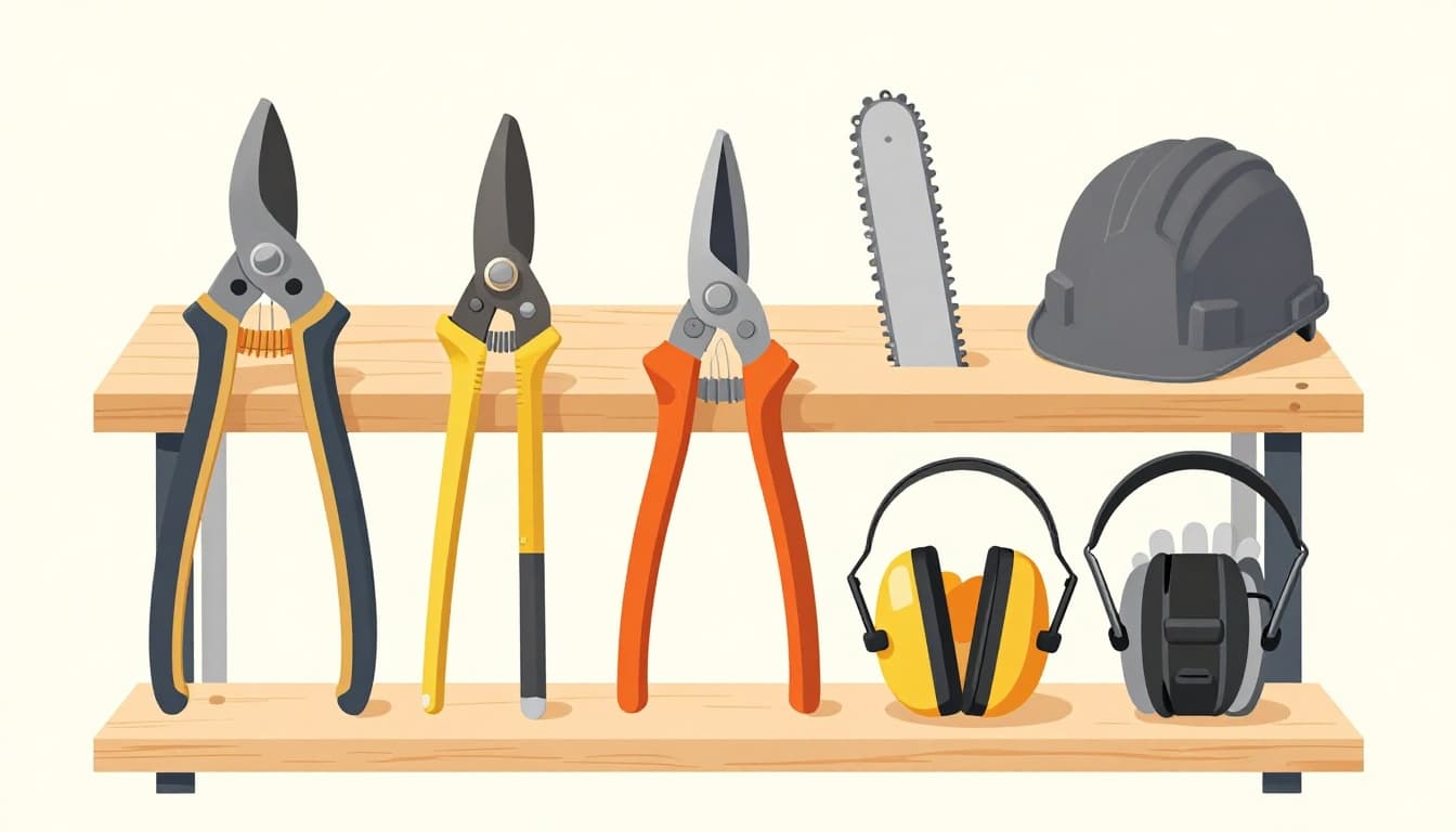 Top-down view of essential tree pruning tools including bypass shears, loppers, hand saw, pole pruner, and safety gear like helmet, gloves, goggles, chaps, ear protection organized on a wooden workbench. Modern illustration style with clean shapes, bright lighting, and strong composition.