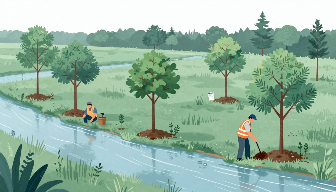 Modern illustration of a wetland edge where two workers in vests carefully plant small trees around a stream, with a faint US Army Corps permit icon nearby but no readable text. Clean shapes and soft blue-green palette focus on low-impact environmental work.