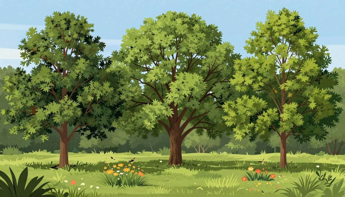 Modern illustration of healthy oak, red maple, and dogwood trees in a natural yard grouping with wildflowers and nesting birds under daylight.