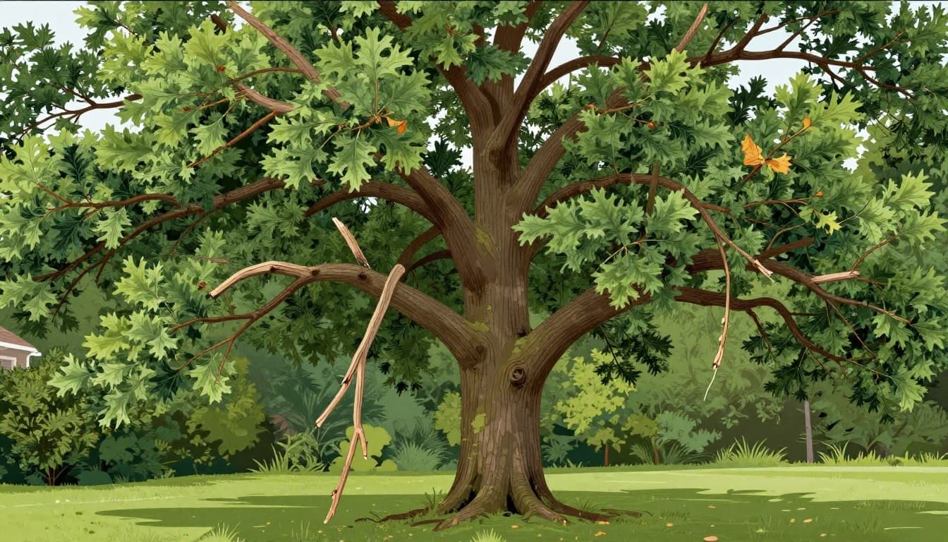 Modern illustration of a backyard deciduous oak tree showing pruning needs: dead brittle branches with discolored leaves, crossing rubbing limbs near the trunk, and crowded vertical shoots in a natural suburban yard setting.