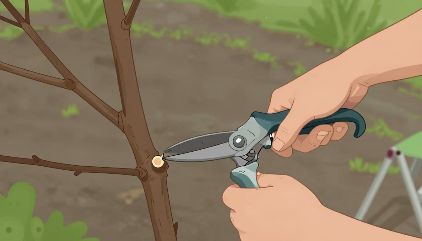Homeowner making a proper pruning cut on a small tree branch using shears, positioned just outside the branch collar at a slanted angle in a backyard setting.
