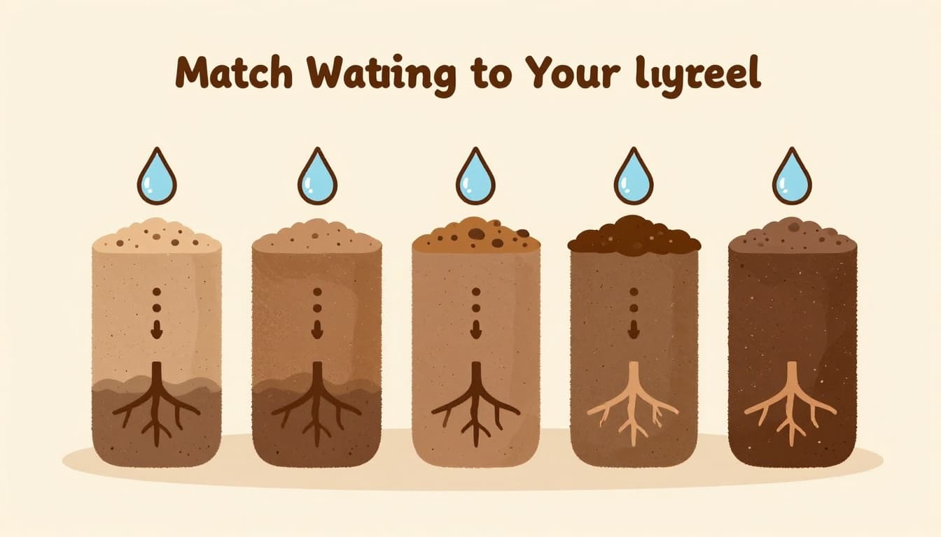 Modern illustration in earth tones comparing sandy, clay, and loam soils with watering droplet icons, frequencies, and tree root cross-sections.