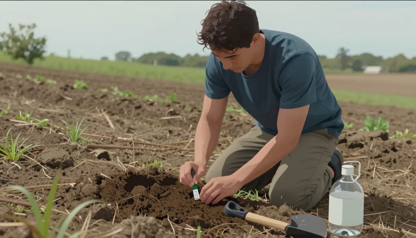 A person kneeling in an open field tests soil with a simple pH kit and soil sample in hand, nearby shovel and water source on gentle slope terrain with sparse vegetation.