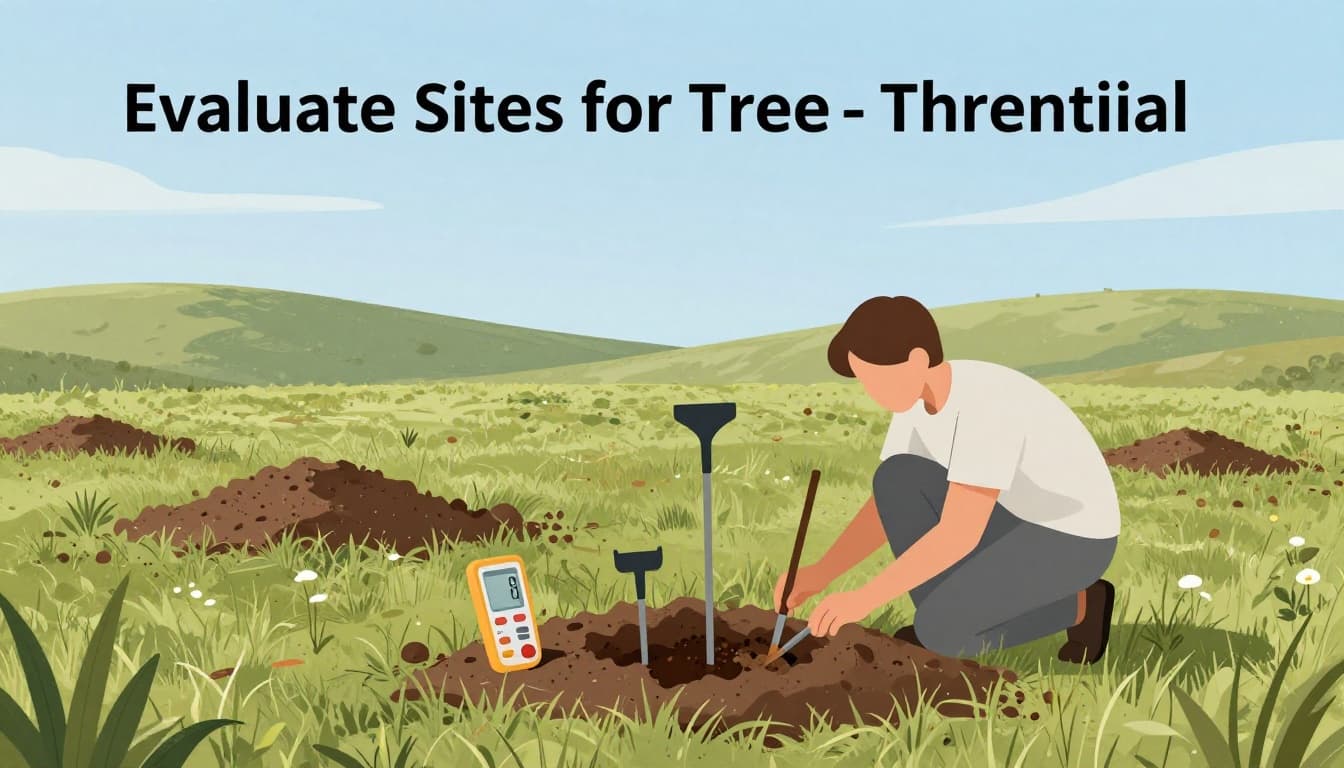 A person conducting a soil test on a sunny field using a pH meter and soil auger, surrounded by an open landscape with gentle hills, in a modern illustration style with clean shapes and earth tones.