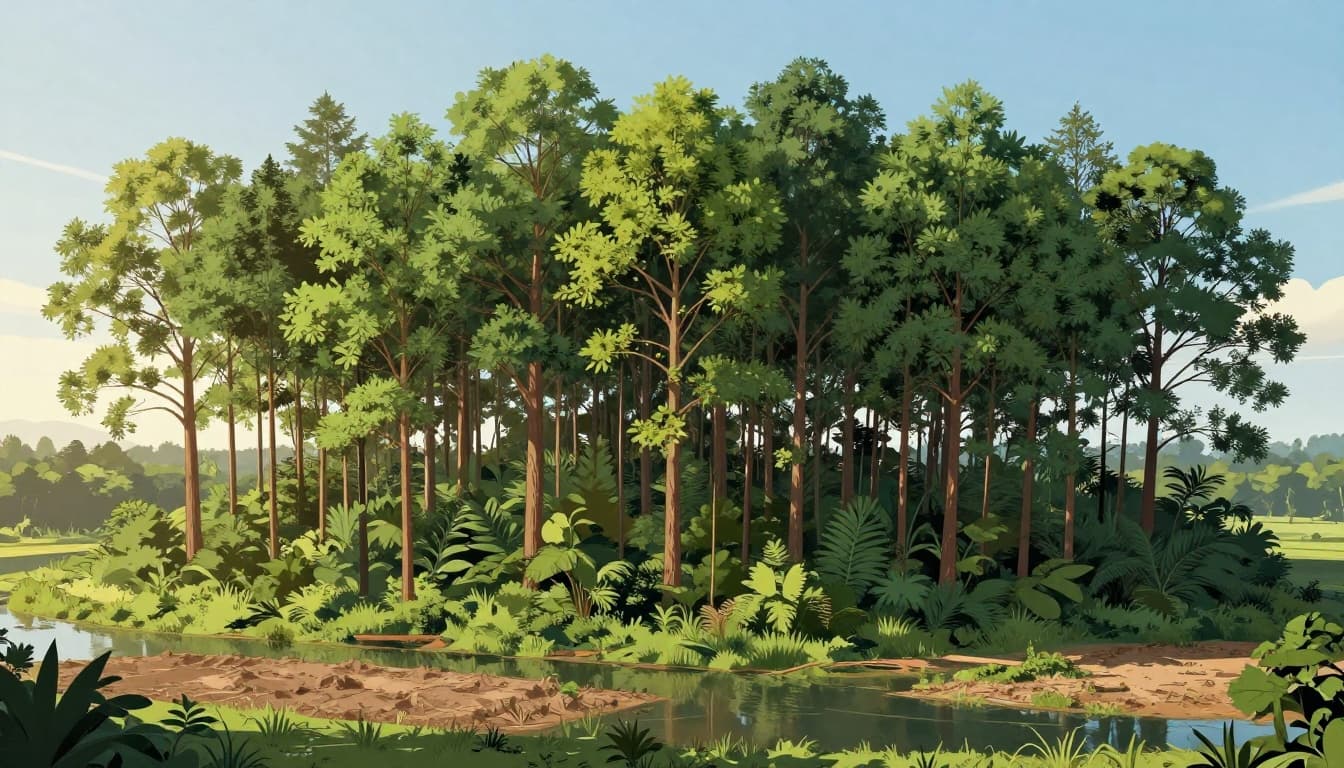 Aerial view of a thriving mature afforestation forest on restored riverside land with tall trees, diverse canopy, healthy undergrowth, and wildlife, featuring a subtle before-after inset of bare land. Modern illustration in lush green and blue palette with golden hour lighting.