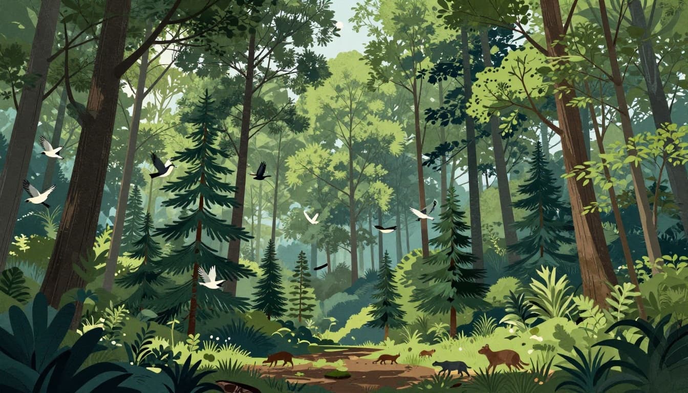 Modern illustration of a thriving young forest with diverse trees, birds flying, small mammals, healthy soil, and undergrowth, bathed in dappled sunlight filtering through the canopy in lush greens and blues.