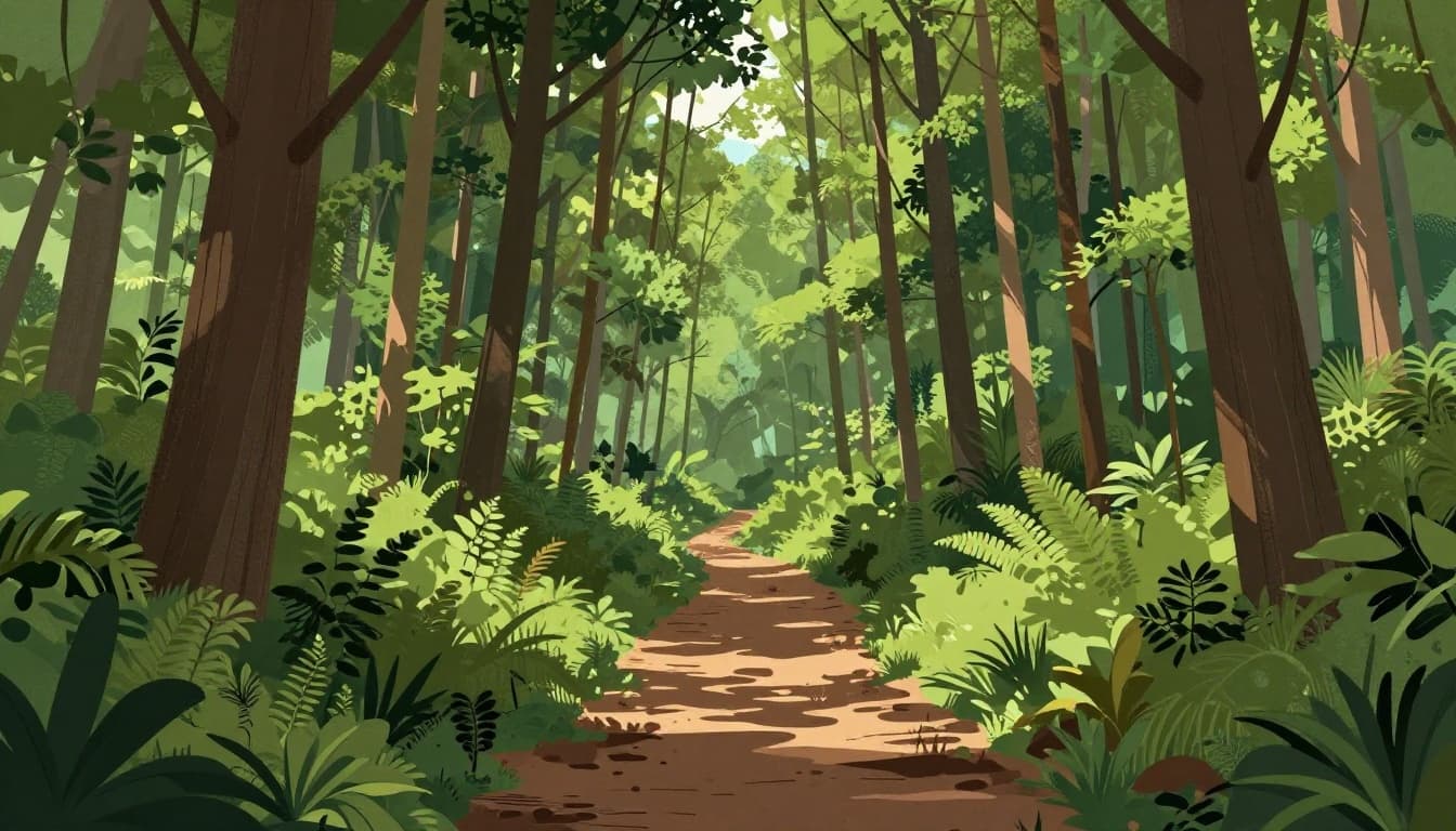 Diverse native trees thriving in a restored forest area two years after planting, mix of species with understory plants, serene path through woods in modern illustration style with clean shapes, forest greens, earth tones, and dappled sunlight filtering through canopy.