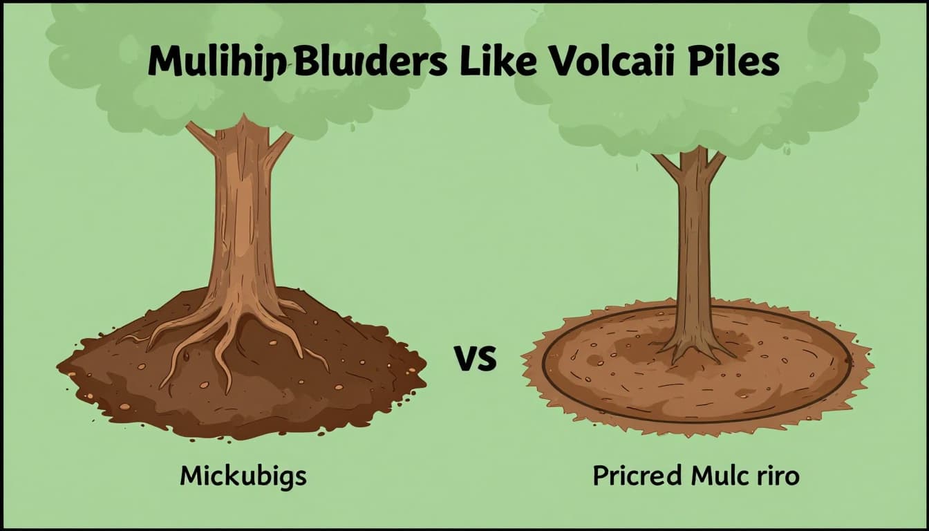 Modern illustration contrasting a tree with harmful mulch volcano pile against the trunk showing rotting bark and roots, next to a correct tapered mulch ring 3 inches from trunk under canopy drip line, in earth tones on soft green background.