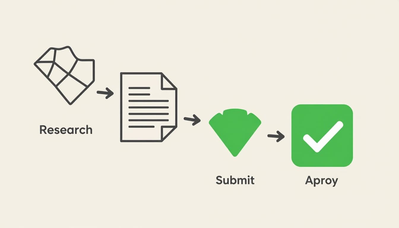 Modern illustration of a simple step-by-step flowchart for obtaining tree planting permits, featuring icons for research, site plan, submission, and approval using clean shapes in a neutral palette with green accents.