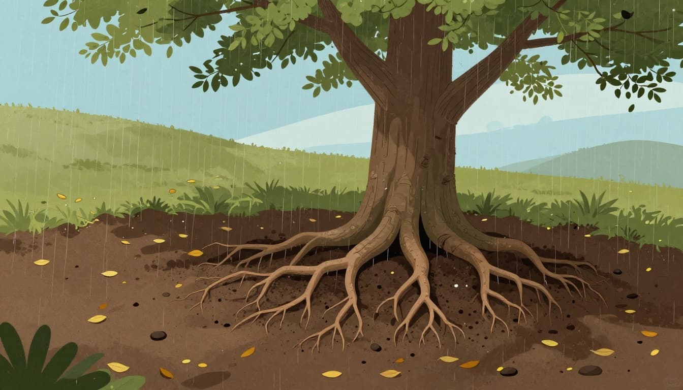 Modern illustration of a single mature tree with spreading roots gripping dark soil on a gentle hillside during light rain, firmly anchoring the soil with no erosion visible and fallen leaves blanketing the ground.