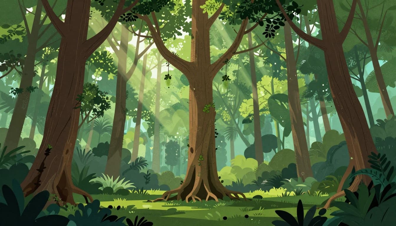 Vibrant tropical forest trees with visible roots absorbing CO2 molecules from the air, sunlight rays piercing the canopy to create a cooling mist effect on the ground in a modern illustration style.
