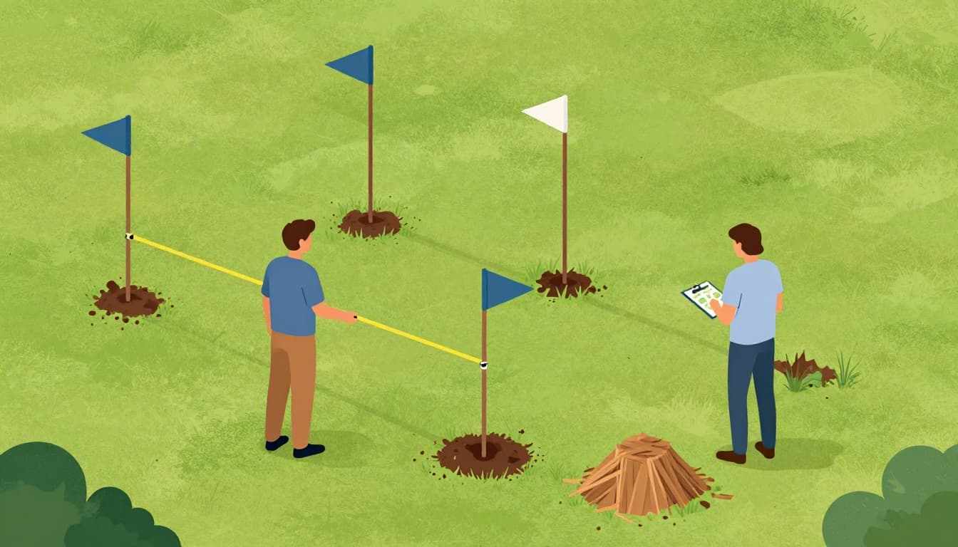 Two people flag spots in a field using stakes and a tape measure for tree layout planning, with a nearby dug soil hole, mulch pile, and map on a clipboard. Overhead angled view in modern illustration style with clean shapes, earth tones, greens, and blues under bright daylight.