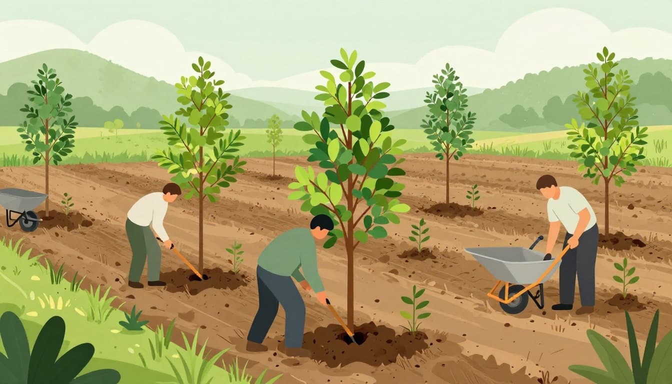Two workers plant young trees by hand in a rural cleared field, digging holes and placing saplings with tools and wheelbarrows. Modern illustration in dynamic side-angle view with green-brown palette and soft morning light.